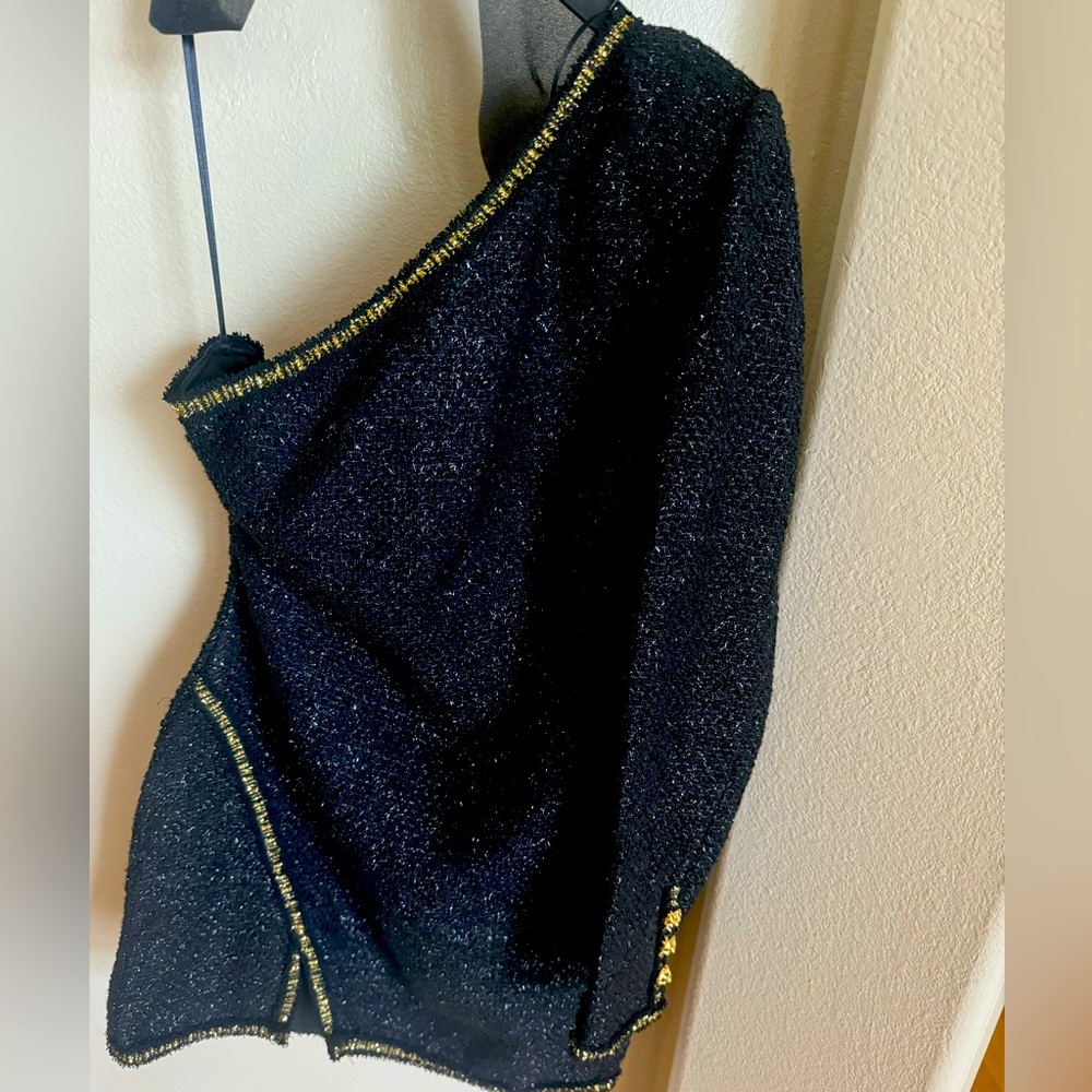 Zara asymmetrical mini dress with tweed gold threads and buttons